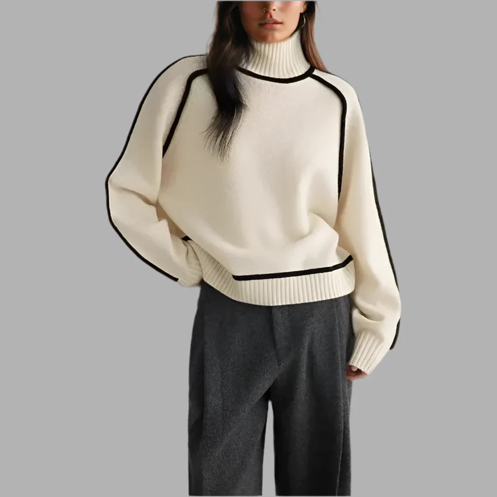 Damski golf z kontrastową lamówką | Elegancki sweter z długim rękawem
