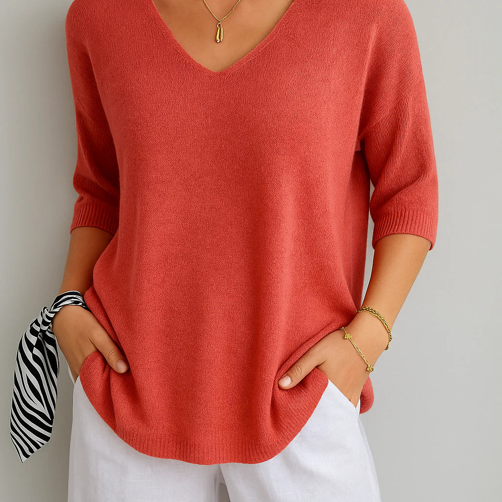Damski sweter z dekoltem w serek i rękawem 3/4 | Styl casualowy