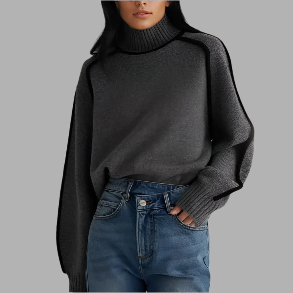 Damski golf z kontrastową lamówką | Elegancki sweter z długim rękawem