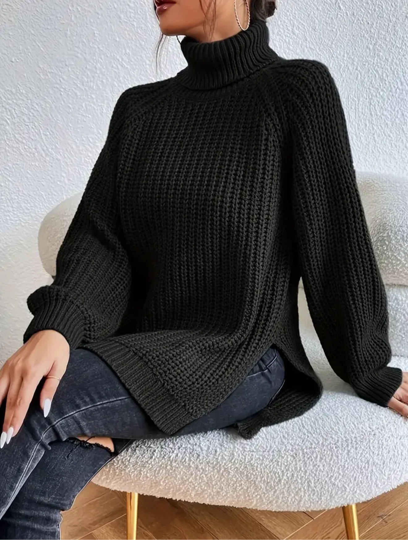 Damski sweter z golfem o luźnym kroju | Styl elegancki
