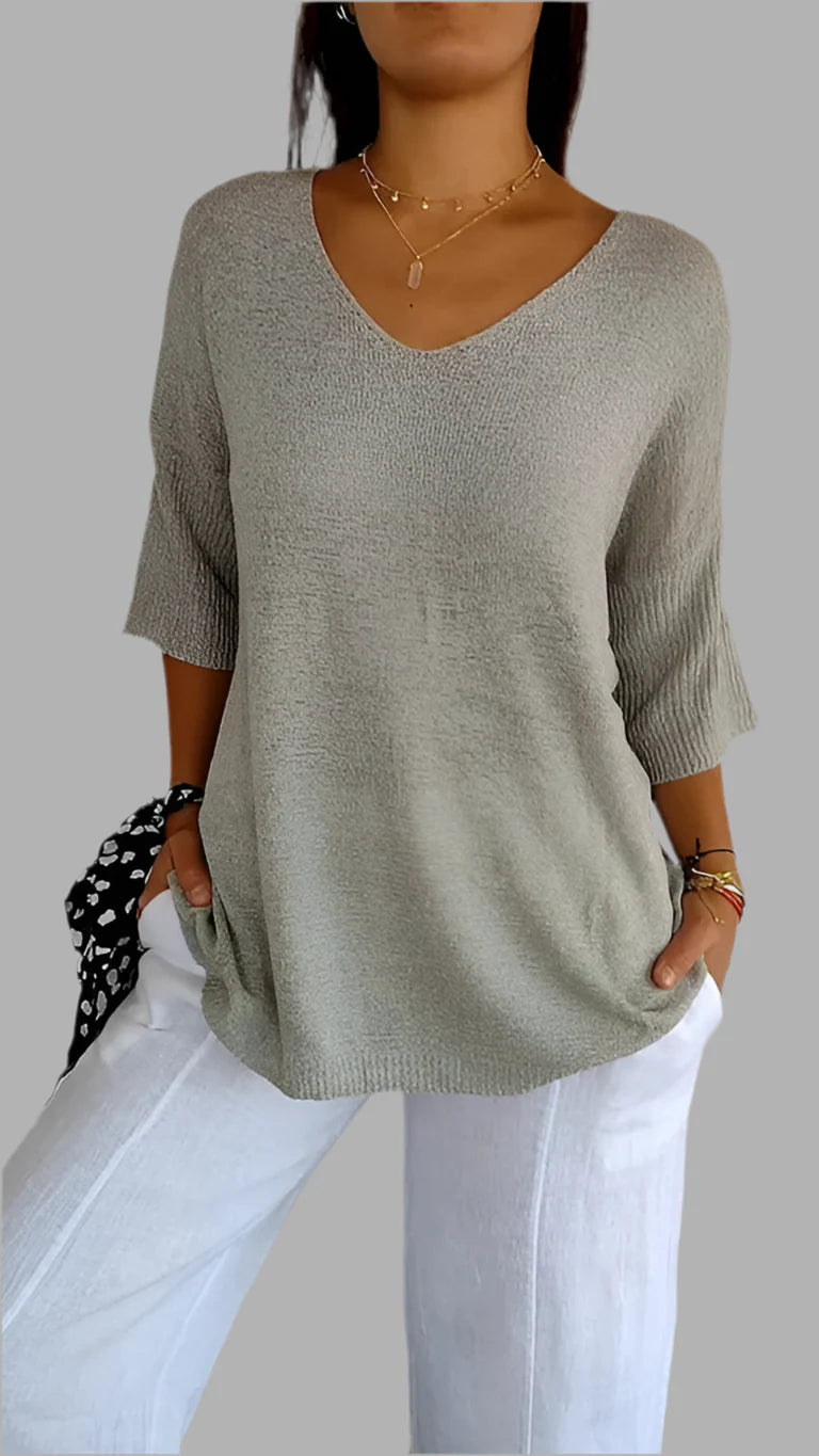 Damski sweter z dekoltem w serek i rękawem 3/4 | Styl casualowy