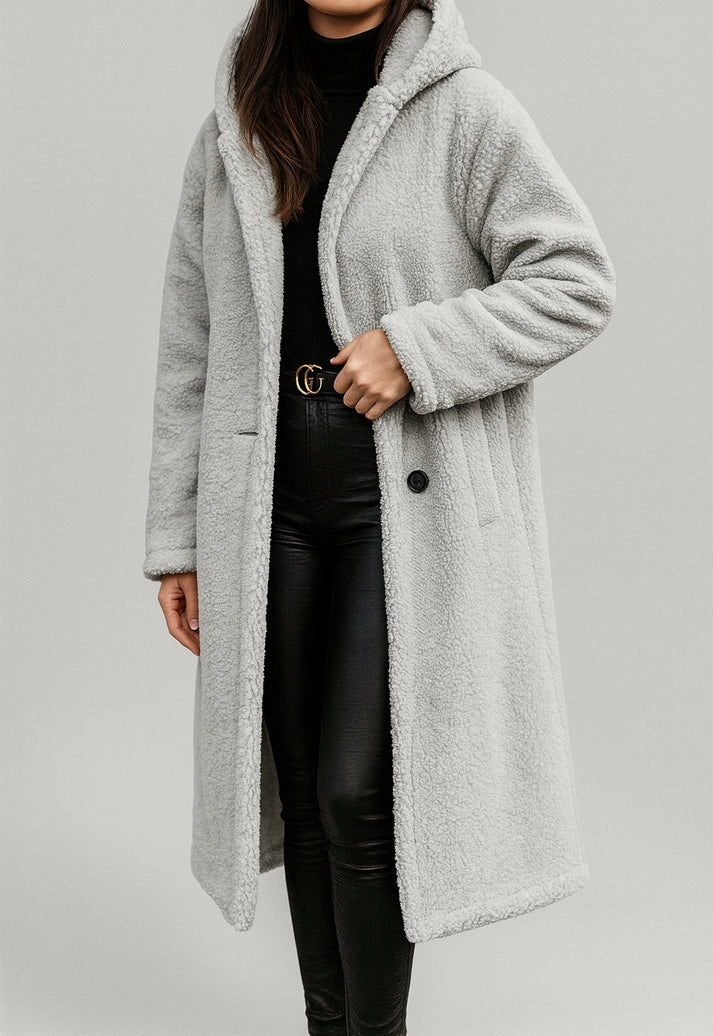 Damski płaszcz z kapturem z miękkiego misia | Styl casualowy