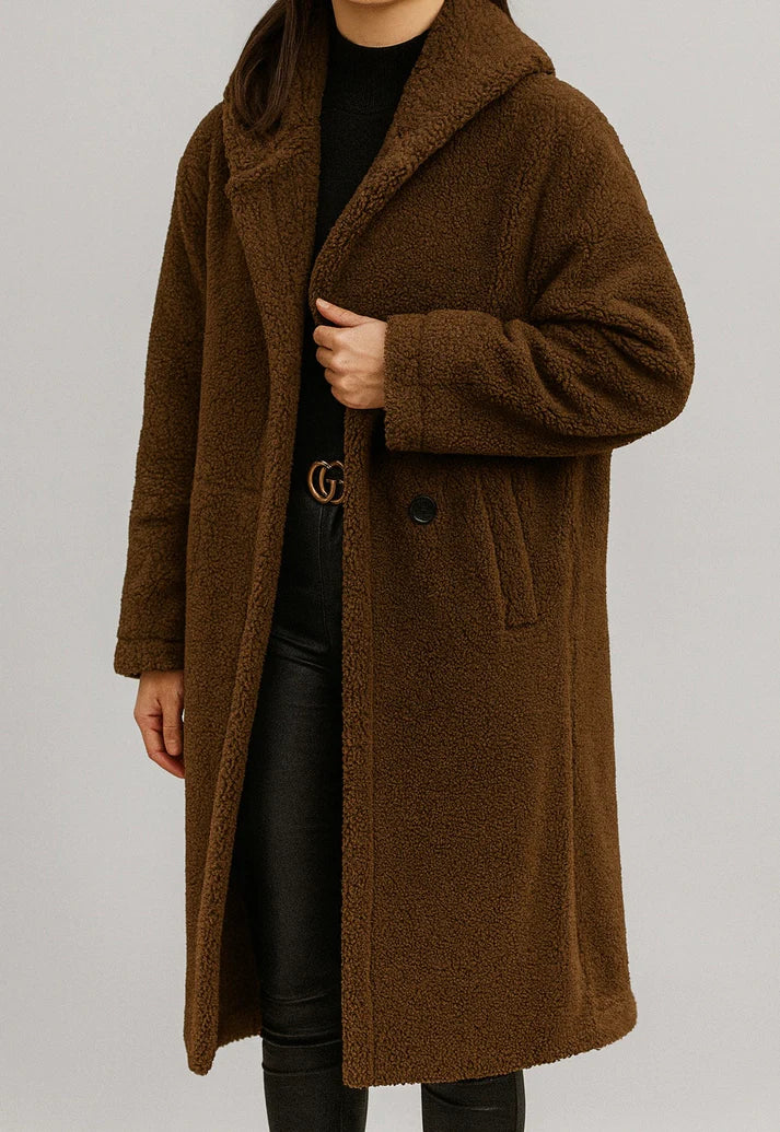 Damski płaszcz z kapturem z miękkiego misia | Styl casualowy