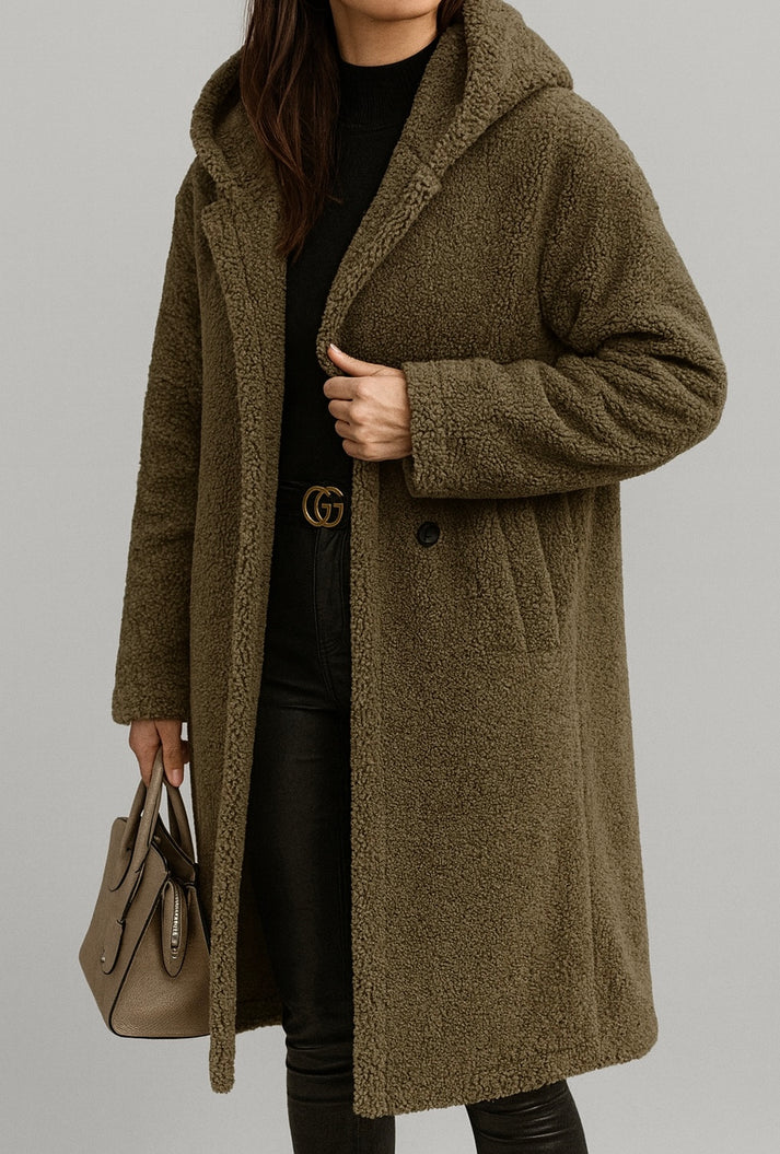 Damski płaszcz z kapturem z miękkiego misia | Styl casualowy