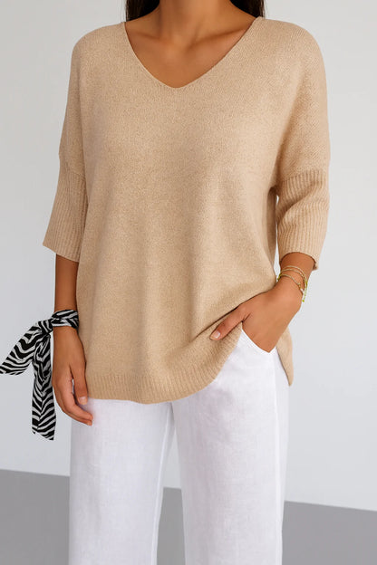 Damski sweter z dekoltem w serek i rękawem 3/4 | Styl casualowy
