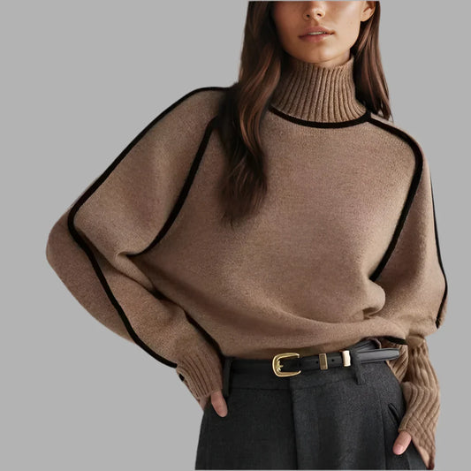 Damski golf z kontrastową lamówką | Elegancki sweter z długim rękawem